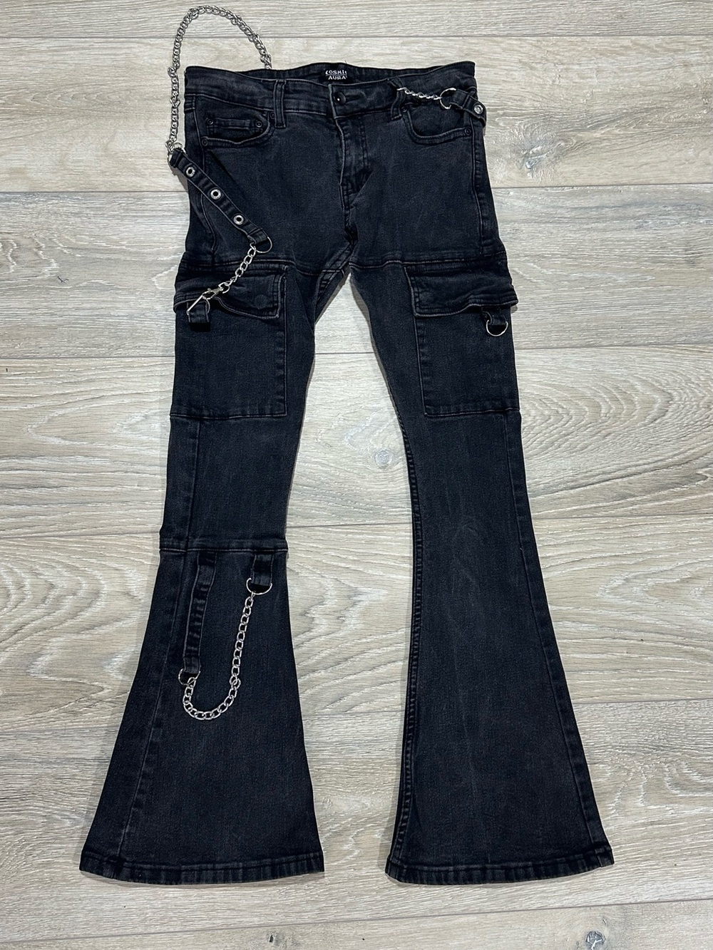 Cosmic Aura Y2K Flare Cargo Jeans Chains Goth Alt Rave Black 28x32